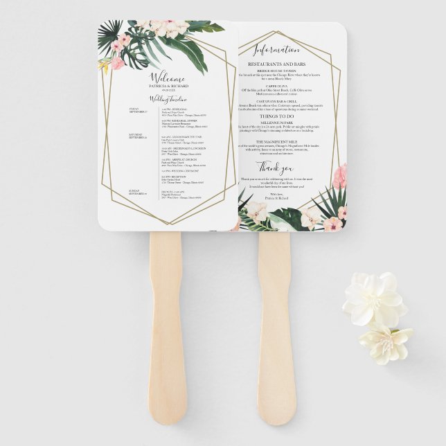 Weekend Wedding Schedule Tropical Floral Geometric Hand Fan (Front and Back)