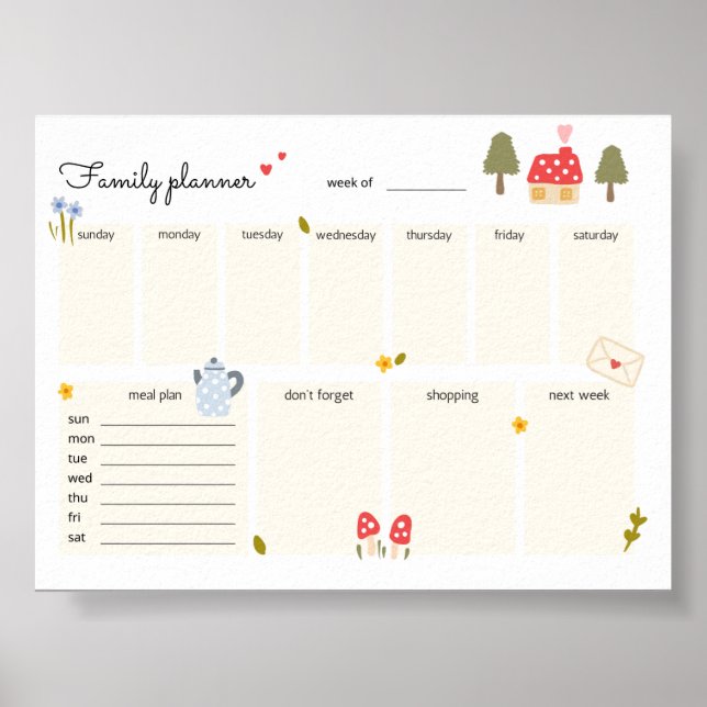 Weekly Family Planner Printable Cosy Home Calendar Poster (Front)