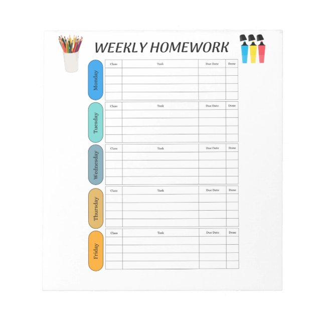 WEEKLY HOMEWORK NOTEPAD (Front)