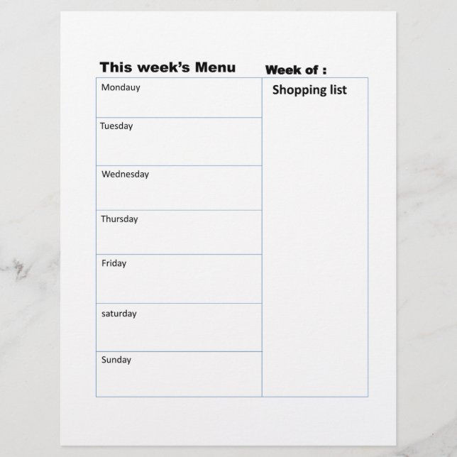 weekly menu printable meal planning sheet custom letterhead (Front)
