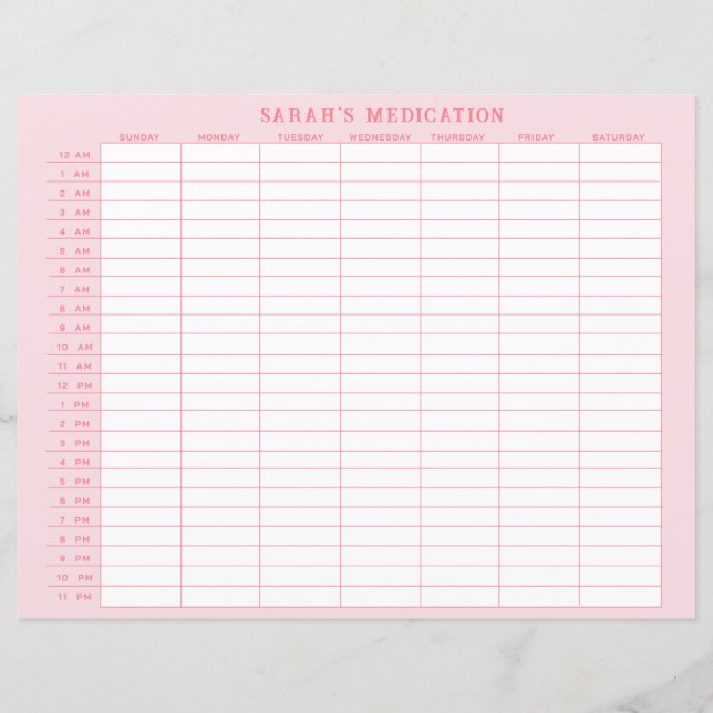 Weekly Pink Medication Tracker (Front)