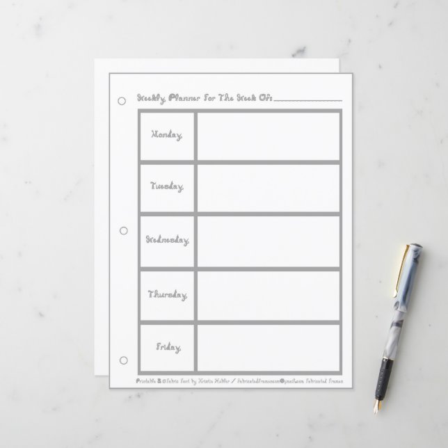 Weekly Planner 5 Days Grey Fabric Font Paper Sheet (Front/Back In Situ)