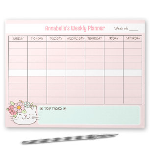 Weekly Planner Cute Cat Pink Name Tear Away Notepad