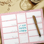 Weekly Planner Daily To Do List Pink Teal Stars Notepad<br><div class="desc">This custom weekly planner has 12 sections for you to prioritise tasks and organise your week. The design features a positive phrase in the centre, which reads "your potential is endless". It has a trendy colour palette of milkshake pink, ocean blue and light grey, with a background print of mini...</div>