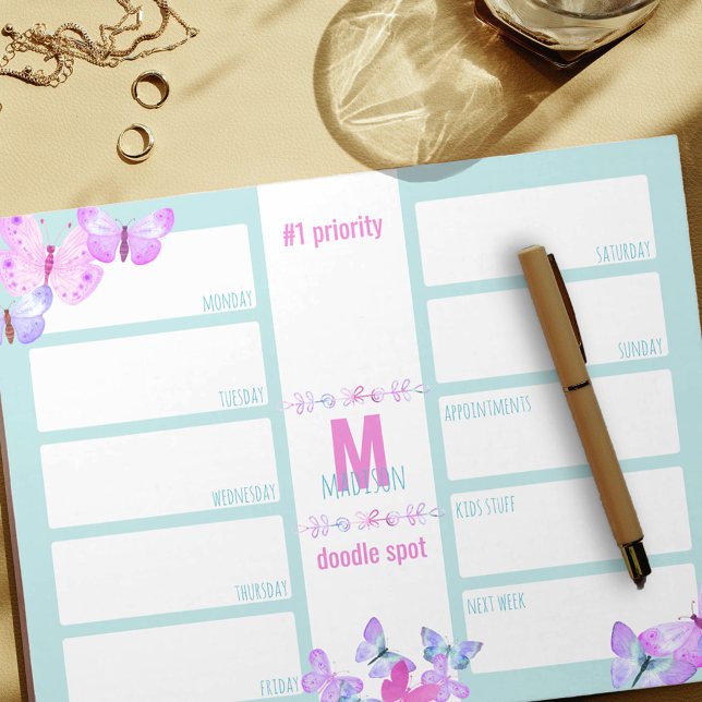 Weekly Planner Daily To Do Pink Butterfly Monogram Notepad (Creator Uploaded)
