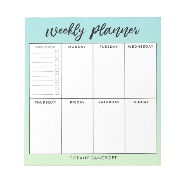 Weekly Planner Green Ombre | Add Name Notepad (Front)