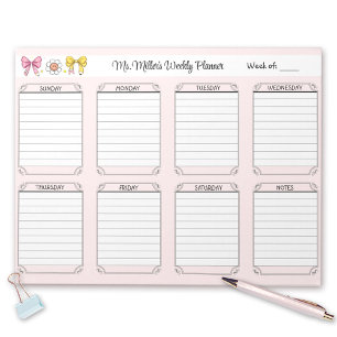 Weekly Planner Pink School Teacher Name Tear Away Notepad