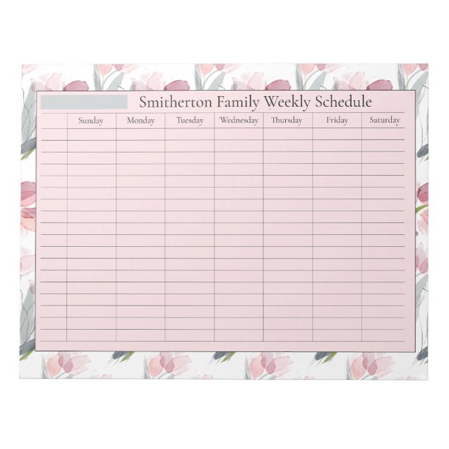 Weekly Planner Schedule Pink Flowers White Notepad (Front)