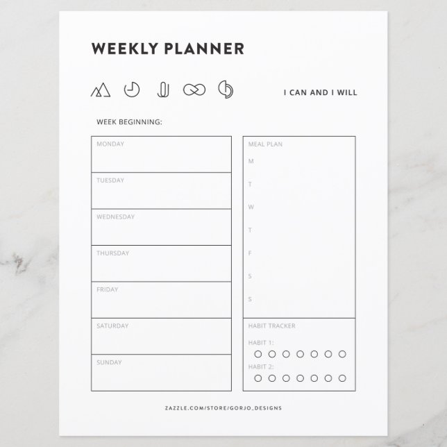 Weekly planner schedule to do list menu organiser (Front)