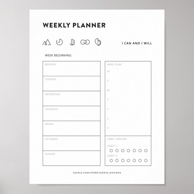 Weekly planner schedule to do list menu organiser poster (Front)