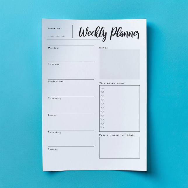 Weekly planner, to do, organiser notepad (Minimalist weekly planner pad with modern script and daily, goals, and gratitude sections.)