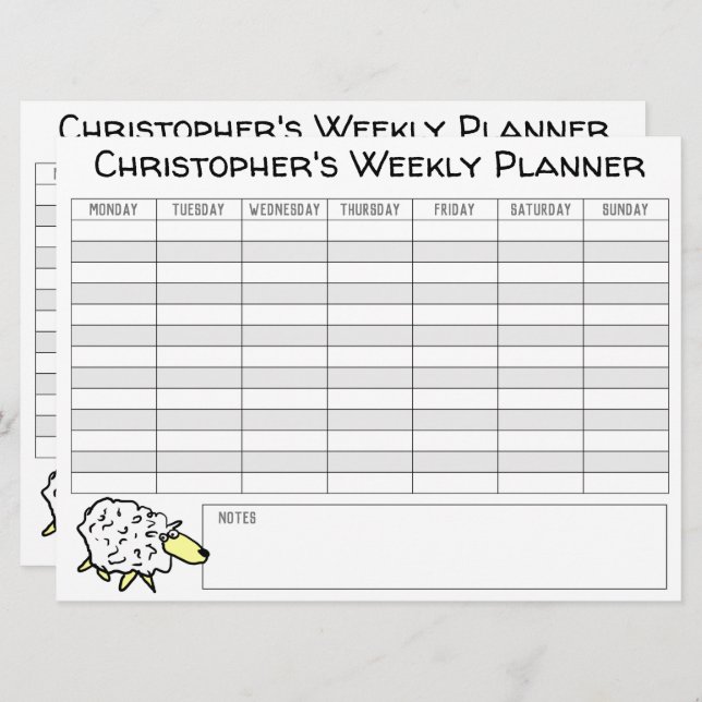 Weekly Planner to Personalise with Name on a Card (Front/Back)