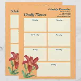 Weekly Planner Vibrant Watercolor Orange Lily Custom Letterhead