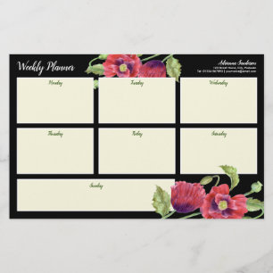 Weekly Planner Watercolor Red Poppies Black Statio Stationery