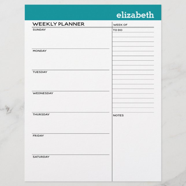Weekly Planner with Custom Name and Colour Letterhead (Front)