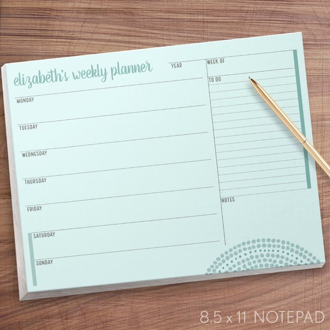Weekly Planner with Custom Name - teal green Notepad (Weekly Planner Notepad - Personalized)