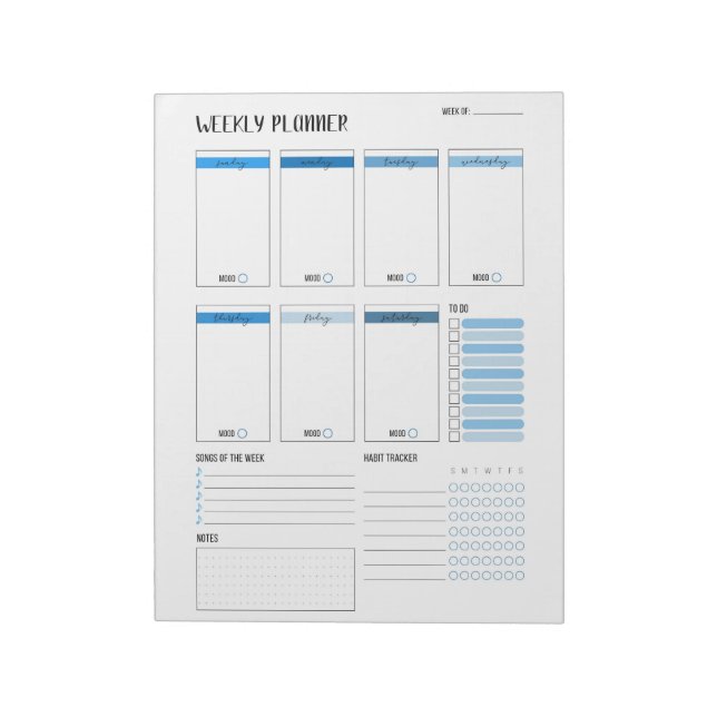Weekly Planner with Sunday start (Blue) 8.5 x 11" Notepad (Rotated)