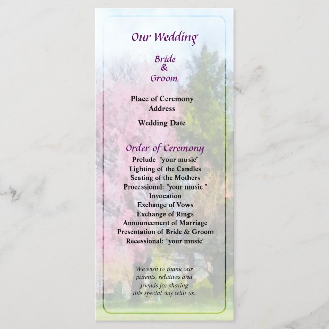Weeping Cherry and Evergreen Wedding Program (Front)