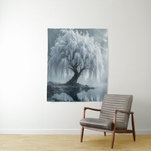 Weeping willow by a pond, black and white  tapestry