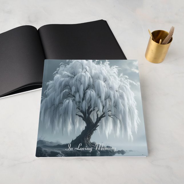 Weeping willow by a pond, black+white, condolence guest book (Creator Uploaded)