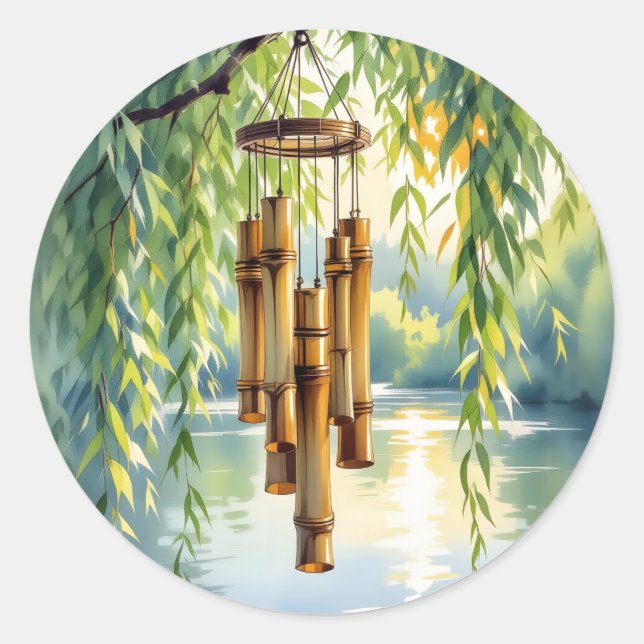 Weeping Willow, Windchimes and Lake Classic Round Sticker (Front)