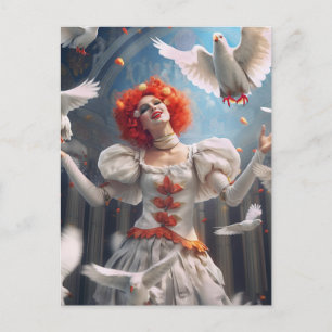 Weiblicher Clown mit Tauben. Lustige Postcard
