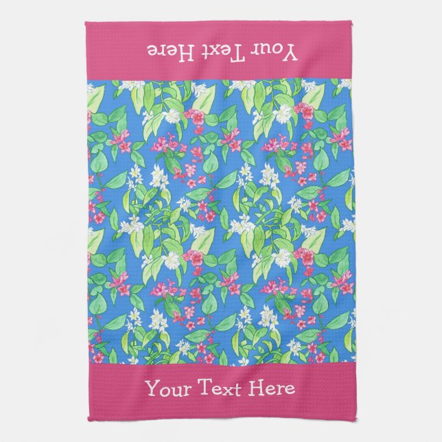 Weigela and Philadelphus Spring Blossoms on Blue Tea Towel (Vertical)