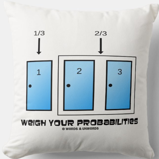 Weigh Your Probabilities Three Closed Doors Cushion (Stats throw pillow for any Bayesian thinker featuring the three doors problem along with advice)