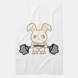 Weight Lifting Bunny Cartoon - Cute Anime Workout Tea Towel