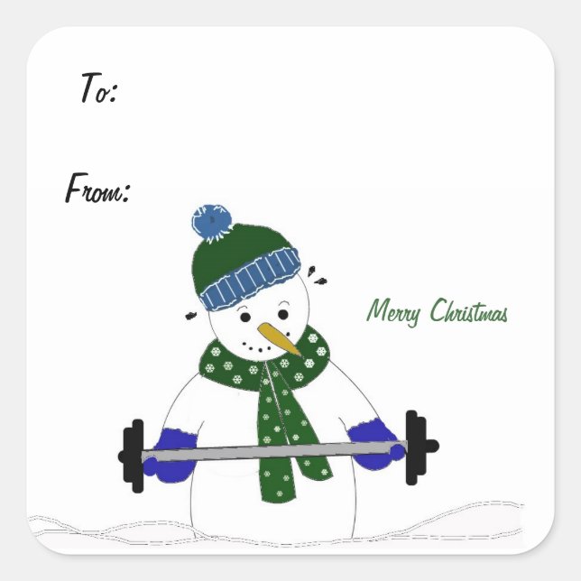 Weight Lifting Snowman Square Sticker (Front)