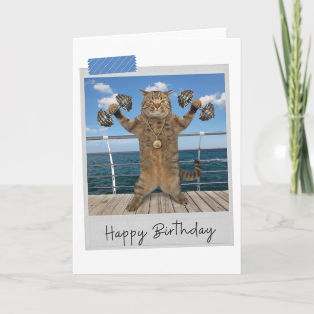 Weightlifter Cat Funny Birthday Card (Front)