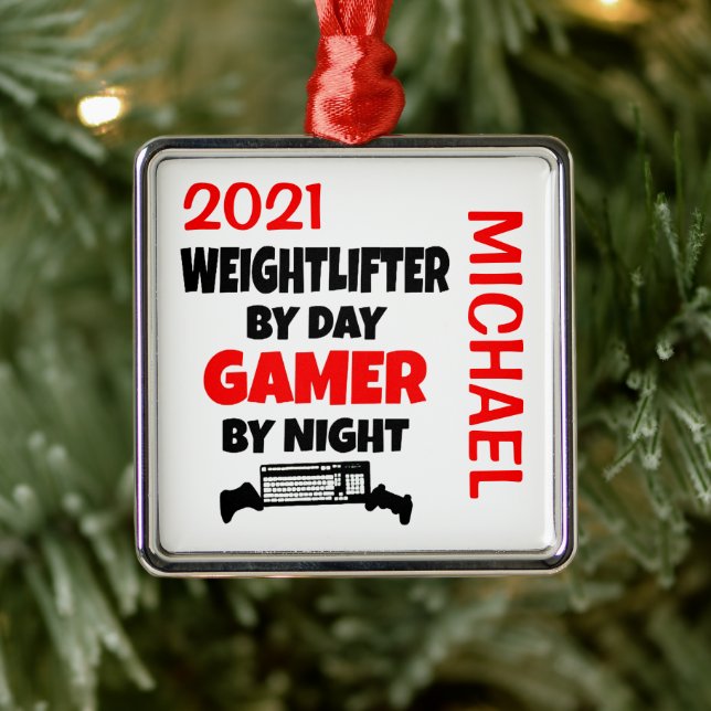 Weightlifter Loves Playing Video Games CUSTOM Metal Ornament (Tree)
