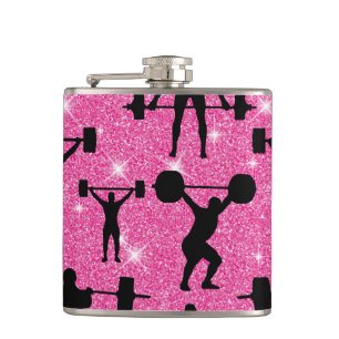 Weightlifting Fitness Workout Sport Pink Glitter Hip Flask