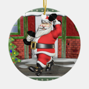 Weightlifting Santa Round Ceramic Ornament