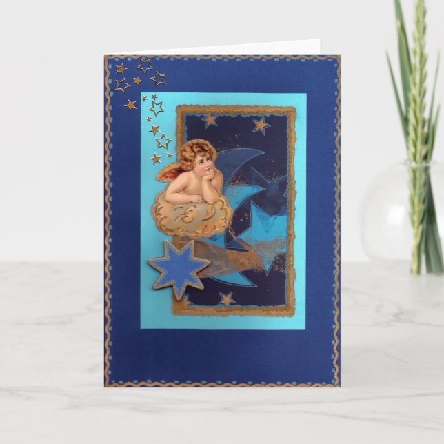 ‘Weihnachts-Engel auf Wolke mit Sternen’ Holiday Card (Front)