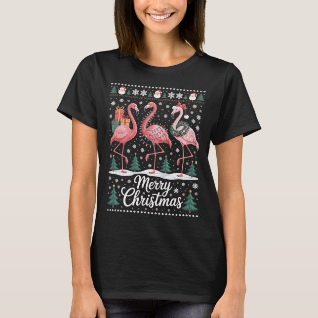 Weihnachtsflamingos mit Schneeflocken und Deko T-Shirt (Front)