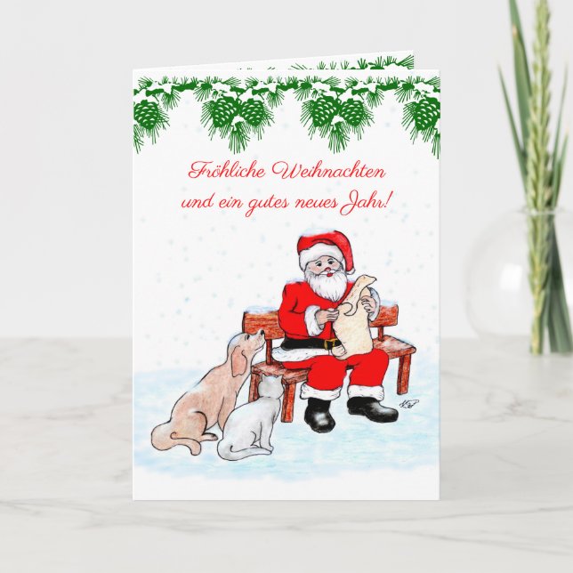 Weihnachtsmann mit Hund und Katze auf Deutsch Holiday Card (Front)