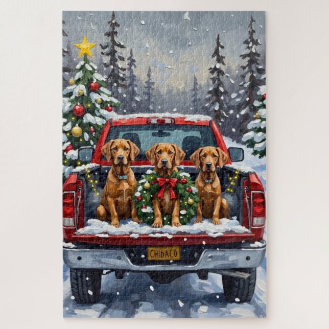 Weimaraner Christmas Red Truck Holiday Jigsaw Puzzle (Vertical)