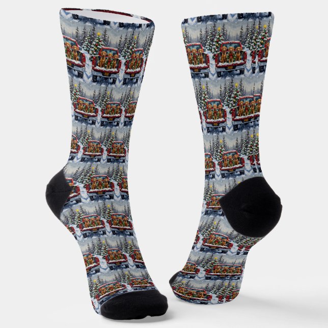 Weimaraner Christmas Red Truck Holiday Socks (Angled)