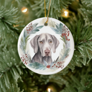 Weimaraner Christmas Wreath Festive Pup Ceramic Ornament