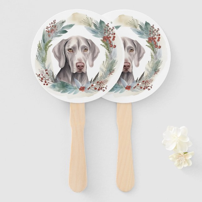 Weimaraner Christmas Wreath Festive Pup  Hand Fan (Front and Back)