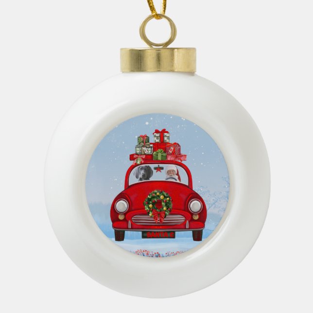 Weimaraner Dog In Car With Santa Claus Ceramic Ball Christmas Ornament (Front)