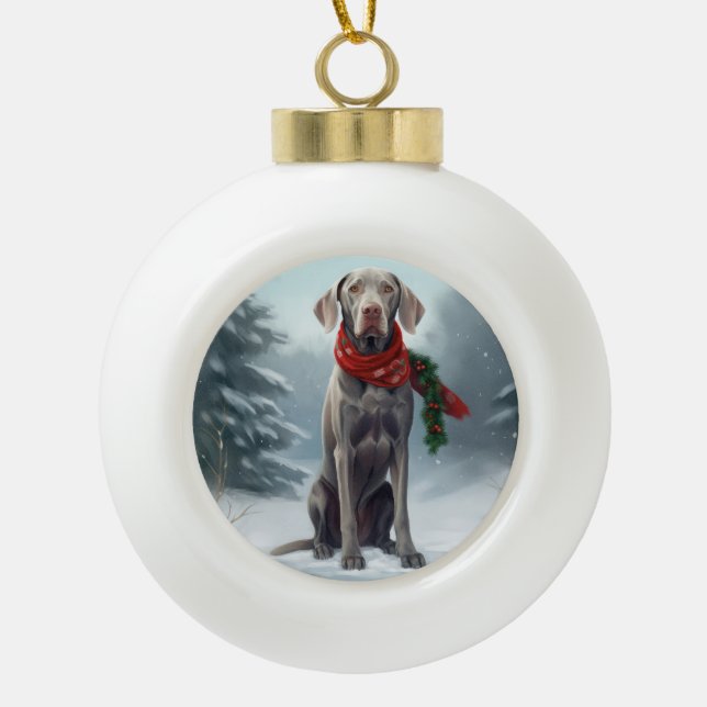 Weimaraner Dog in Snow Christmas Ceramic Ball Christmas Ornament (Front)