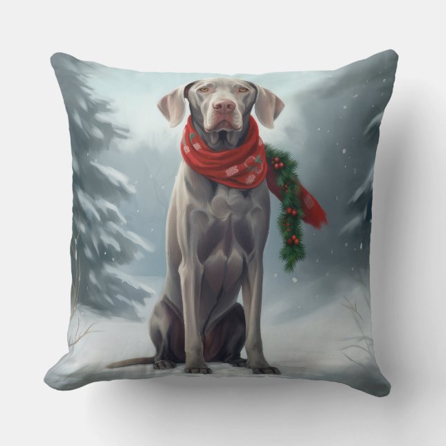 Weimaraner Dog in Snow Christmas Cushion (Front)