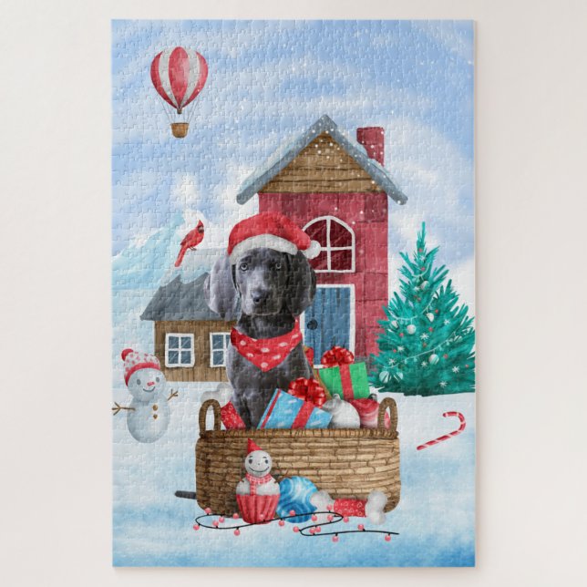 Weimaraner Dog In snow Christmas Dog House Jigsaw Puzzle (Vertical)