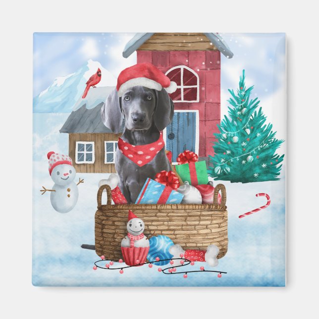 Weimaraner Dog In snow Christmas Dog House Magnet (Front)