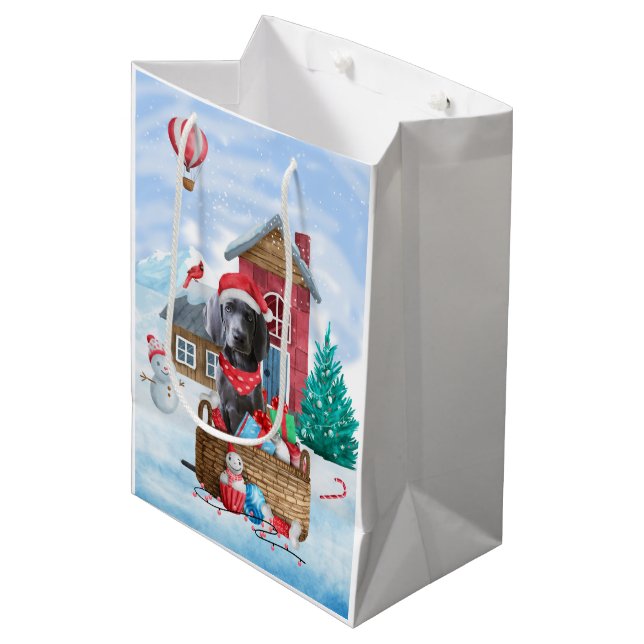Weimaraner Dog In snow Christmas Dog House Medium Gift Bag (Front Angled)