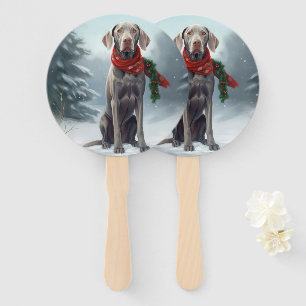 Weimaraner Dog in Snow Christmas Hand Fan