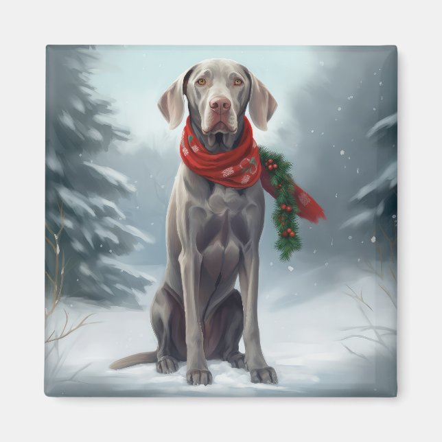 Weimaraner Dog in Snow Christmas Magnet (Front)