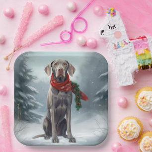 Weimaraner Dog in Snow Christmas Paper Plate